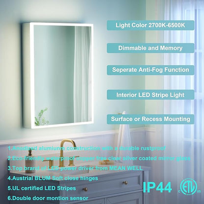 WELLFOR 24" X 30" Medicine Cabinet With Lights, 3X Magnification, Anti-Fog Mirrored Cabinet, Bathroom Vanity With Outlets & USB Ports, Left Opening Door