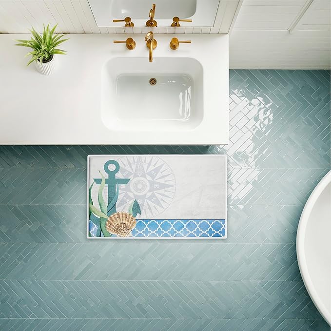 Stupell Industries Bayside Anchor & Compass Plush Bathroom Mat & Bath Rug, Soft Quick-Dry Non-Slip Bathroom Rug with Recycled Foam Cushion, Nautical Coastal Navigation Design by Kim Allen, 18"x30"