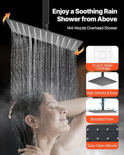 VEVOR Shower Faucet Set, 12 Inch Ceiling Mount Rainfall Shower System with 6 Inch Wall Mount Head and 4 in 1 Handheld Spray, Rotatable 3-Function Dual Rain Head Brass Valve and Trim Kit, Matte Black