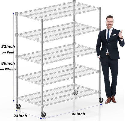 Homdox 5 Tier Heavy Duty Metal Shelves, Storage Racks and Shelving with Wheels, Commercial Adjustable Wire Shelving Unit, Garage Rack Pantry Shelves Kitchen Shelving, Chrome