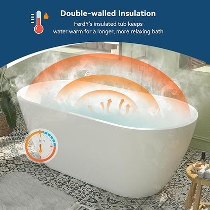 FerdY 59" Bali Elite Acrylic Freestanding Bathtub, Gracefully Shaped Freestanding Soaking Bathtub, cUPC Certified, Toe-Tap Brushed Nickel Drain and Minimalist Linear Design Overflow Included