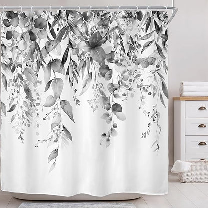 Riyidecor Black White Eucalyptus Shower Curtain for Bathroom Decor 72Wx72H Leaves Dark Plants Watercolor Floral Rustic Botanical Leaf Art Printed Fabric Polyester Waterproof 12 Pack Plastic