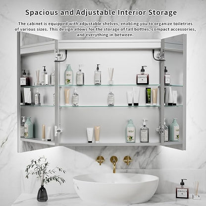 GroGro LED Lighted Bathroom Medicine Cabinet with Mirror,30" W x 30" H Medicine Cabinet with Lights,Surface or Recessed Mounting,Defog,Dimming,3-Color Temperature Adjustment