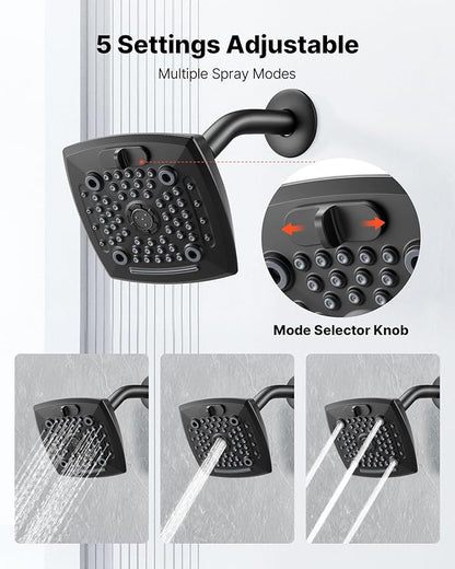 VEVOR Tub and Shower Faucet Set, Complete with 5.1-Inch Rainfall Shower Head and Bathtub Spout, 5-Setting Adjustable Spray, Single-Handle Tub Trim Kit with Brass Pressure Balancing Valve, Matte Black