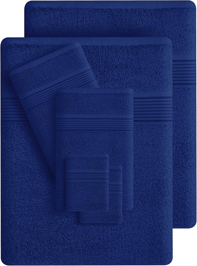 Belizzi Home 100% Cotton Towel Set, Contains 6 Soft Bath Towel, 6 Hand Towels, 12 Wash Cloths - Compact Absorbent Lightweight & Quickdry Towels for Bathroom - 24 Piece Bathroom Towel Set - Navy Blue