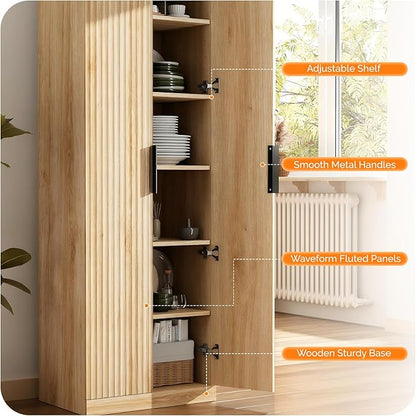 VINGLI 70" Modern Pantry Cabinet with Fluted Doors, 5 Adjustable Shelves, Tall Storage Solution for Kitchen, Dining Room, or Living Room, Oak