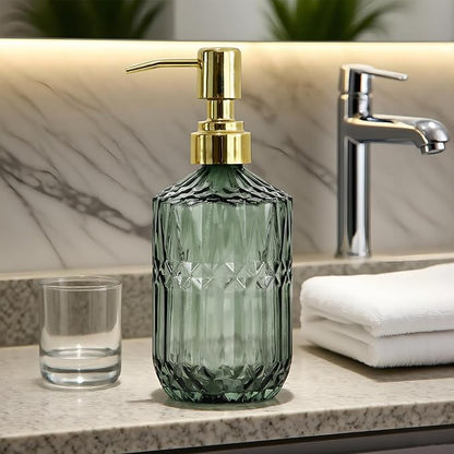 18oz Green Glass Soap Dispenser, Refillable Kitchen, Bathroom Thick Glass Soap Dispenser with Golden Rustproof Pump for Dishwashing Liquid, Hand Soap, Lotion, Body Wash (Green-Golden Pump)