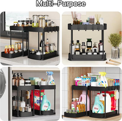 2 Pack Multi-Purpose Pull-Out Storage Organizers, Under Sink Organizers and Storage for Bathroom & Kitchen, Under Cabinet Organizers and storage, 14.8 Inch, Black