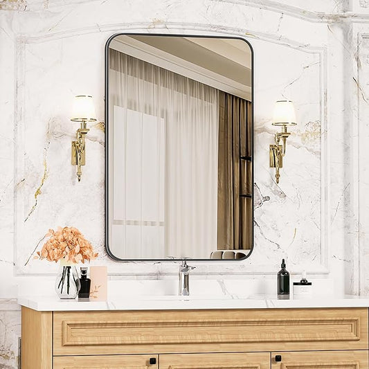 Antok Bathroom Mirror, 36"x24" Wall Mirror, Decorative Mirrors Vanity Mirror Aluminum Alloy Frame Contemporary Rectangular Hanging Mirror for Living Room Bathroom Entryway,Black,Round Corner