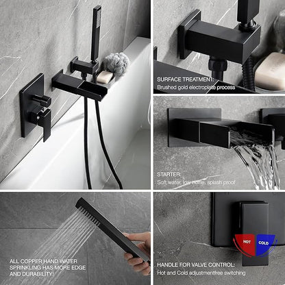 TapLong Matte Black Wall Mount Tub Filler Faucet Set with Hand Held Shower, Modern Bathtub Faucet with Waterfall Tub Spout Solid Brass Single Handle Shower Faucet Set with High Flow Rough in Valve