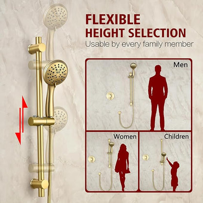 sumerain Shower System set with High Pressure Multi-modes Shower Heads and Handheld, Brushed Gold Rainfall Shower Faucet Complete with Slide Bar, Included Valve and Trim Kit
