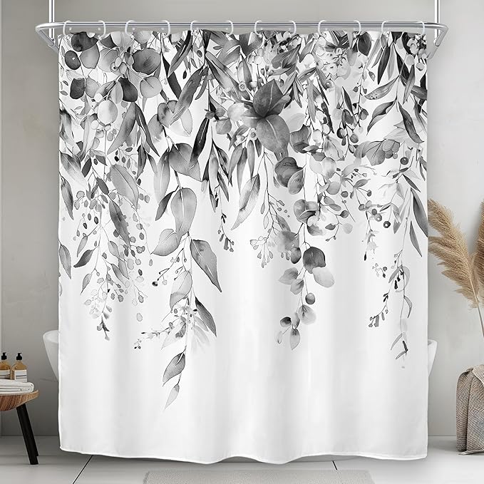 Riyidecor Black White Eucalyptus Shower Curtain for Bathroom Decor 72Wx72H Leaves Dark Plants Watercolor Floral Rustic Botanical Leaf Art Printed Fabric Polyester Waterproof 12 Pack Plastic