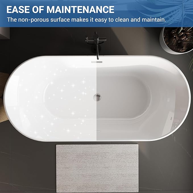 Freestanding Bathtub 67 Inch Oval Acrylic Soaker Tub – Glossy White Flared-Edge Free Standing Bathtub with Chrome Drain & Overflow