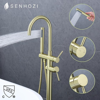 Freestanding Tub Faucet Floor Mount Tub Fillers, Senhozi Brushed Gold Free Standing Tub Faucets, Mixer Tap Two Handle Gold Freestanding Bathtub Faucet with Hand Shower, SE-3001-BG