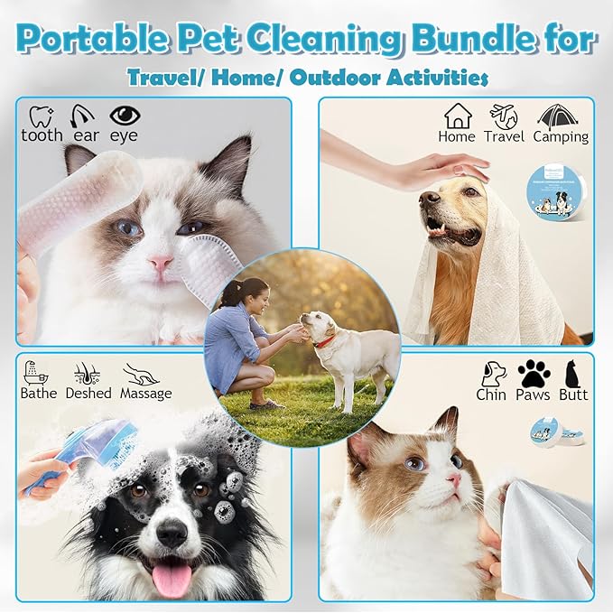 2025 New Dog Bath Brush with Built-in Shampoo Dispenser - 4-in-1 Pet Grooming Kit | Includes 20 Disposable Finger Wipes, 1 Compressed Bath Towel, 2 Body Wipe Compressed Tablets