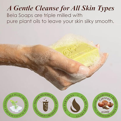 BELA Lemon Myrtle and Lemongrass Soap 3.3 OZ Pack of 12, Long Lasting French Triple Milled Bar Soap with Organic Shea Butter Hand, Face and Body Wash Bar, Made in Australia