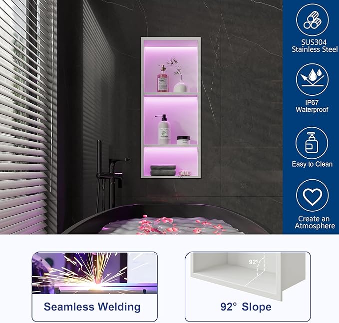 3-Tiers 12x30 Inch Wall Niche with RGB LED Light Strips, White Shower Niche Cabinet, Stainless Steel Bathroom Shelf, NO Tile Needed Recessed Storage Organizer Waterproof
