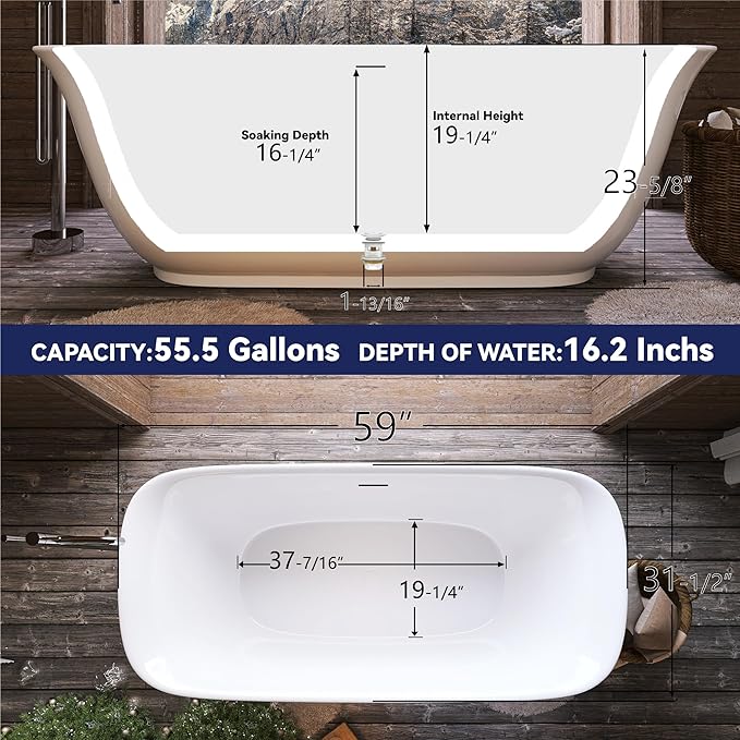 59" Acrylic Free Standing Tub, Stand Alone Tub, Freestanding Bathtub, Soaking Bathtub, cUPC Certified, PE(Glossy White)