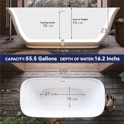 59" Acrylic Free Standing Tub, Stand Alone Tub, Freestanding Bathtub, Soaking Bathtub, cUPC Certified, PE(Glossy White)