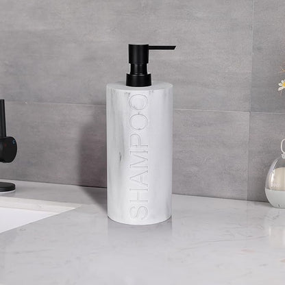 Resin White Marbled Shampoo Engraved Bottle Refillable Pump Dispenser, Durable Waterproof Construction for Bath, Shower - Resin White Marble - Matte Black Pump