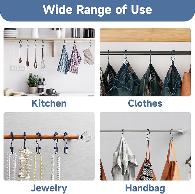 Titanker Shower Curtain Hooks Rings, Rust-Resistant Metal Double Glide Shower Hooks for Bathroom Shower Rods Curtains, Set of 12 Hooks - Navy Blue