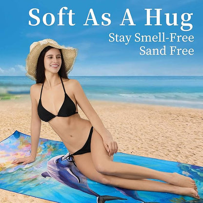 Microfiber Extra Large, Oversized Blue White Striped Beach Towels (70''x35''), Soft&Lightweight 2 Pack XL Quick Dry Cute Dolphin Towel for Adults & Women，Sand Free for Pool,Spa,Swim,Travel