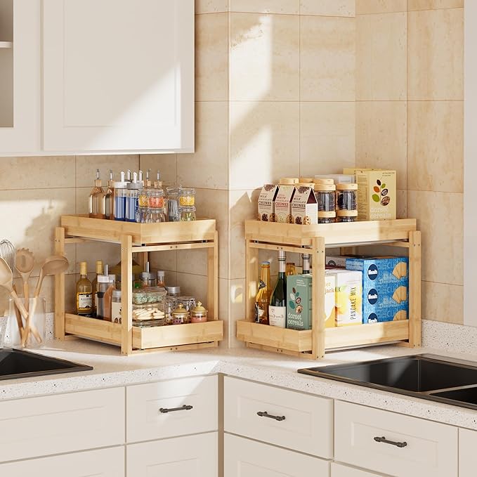 2 Pack Under Sink Organizer, Bamboo Wooden 2-Tier Pull-Out Storage with Sliding Drawers for Kitchen and Bathroom Cabinets, Easy Installation (Natural, 1 pack)