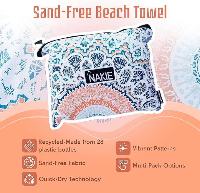 Nakie Sand Free Beach Towel, Quick Dry, Lightweight and Compact with Storage Bag, 160x90cm, Made from Recycled Bottles for Beach, Pool, Travel, Swimming and Outdoor Use (Sound of Summer)