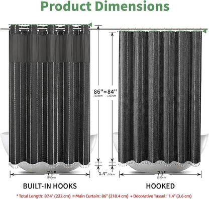 No Hook Extra Long Shower Curtain Set with Snap-in Liner,Linen Textured Thick Striped Fabric with Tassels,Boho Chic Modern Farmhouse Bathroom Curtain,Water-Repellent,Charcoal Grey,71x86