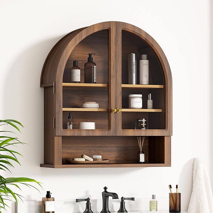 Arched Wall Cabinet with Acrylic Door, Large Wooden Wall Mounted Bathroom Cabinet, Modern Hanging Medicine Cabinet with Adjustable Shelf and Open Shelf, Brown/Oak
