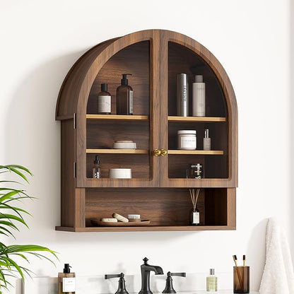 Arched Wall Cabinet with Acrylic Door, Large Wooden Wall Mounted Bathroom Cabinet, Modern Hanging Medicine Cabinet with Adjustable Shelf and Open Shelf, Brown/Oak