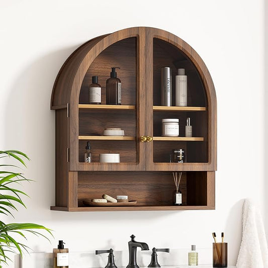 Arched Wall Cabinet with Acrylic Door, Large Wooden Wall Mounted Bathroom Cabinet, Modern Hanging Medicine Cabinet with Adjustable Shelf and Open Shelf, Brown/Oak