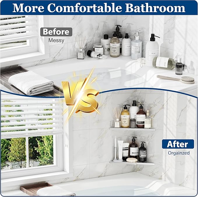 Corner Shower Shelves, 10” Recessed Tile Shower Shelf, 304 Stainless Steel Grout in Corner Tile Shower Shelves, No Drilling, Brushed Nickel, 2 Pack