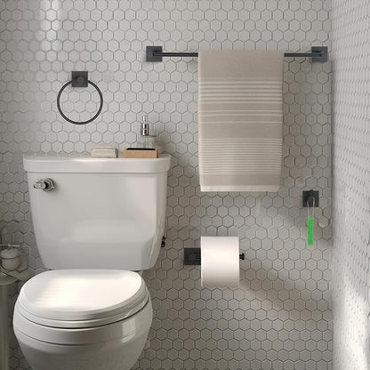 Bathroom Accessories Set Matte Black Towel bar Set, 4 Piece Towel Rack Set Towel bar for Bathroom Wall Mounted Durable 24 inch Towel bar Robe Hook Towel Ring Toilet Paper Holder