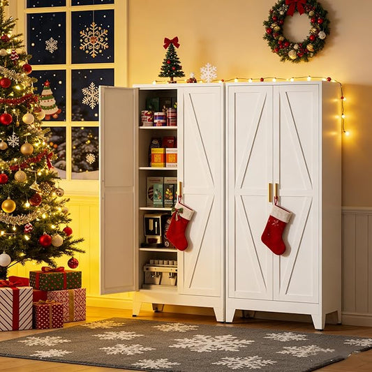 Metal Kitchen Pantry Cabinet,71" White Farmhouse Storage Cabinet with 2 Vintage Barn Doors and 4 Adjustable Shelves, Rustic Freestanding Cupboard for Kitchen,Home Office Living Room,Dining Room
