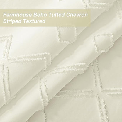 No Hooks Required Boho Farmhouse Shower Curtain Tufted Chevron Striped with Snap in Liner - 72W x 80H, Water Resistant Hotel Grade Spa Like Bathroom Curtain Set, Beige