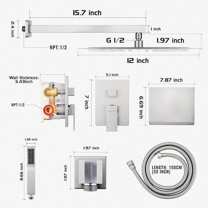 Wall Mounted Shower Faucet Set, Shower System with Tub Spout, 12 Inch Rainfall Shower Head with Handheld Spray, Waterfall Tub Spout Bathtub Faucet, Brushed Nickel