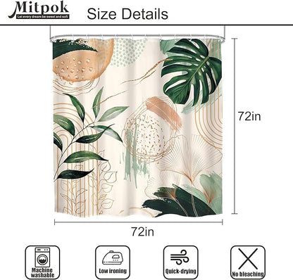 4 PCS Boho Shower Curtain Set 72Wx72H, Non-Slip Bath Rug Toilet Lid Cover and U Shape Mat Green Modern Tropical Palm Leaves Complete Bathroom Set Accessories with 12 Hooks Bathroom Decor