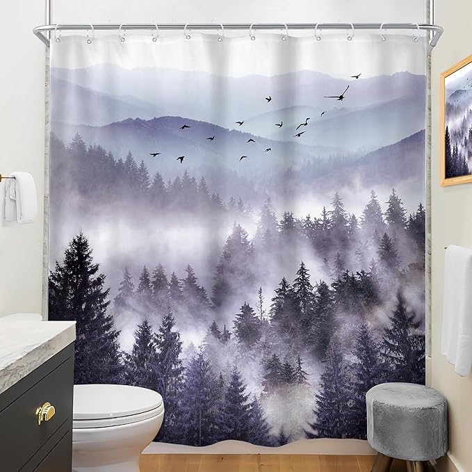 Riyidecor Purple Shower Curtain 72Wx96H Inch Extra Long Mountain Nature Woodland Scenery Park Scene View Foggy Pine Tree Alpine Cool Mens Bathroom Decor Fabric Polyester Waterproof 12 Pack Hooks