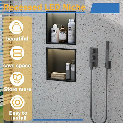Stainless Steel Lighted Niche for Shower Storage,Bathroom Niches with LED Waterproof Light Strip，Shower Niche Insert Tile Ready ，Matte Black （ 12 x 12 in）