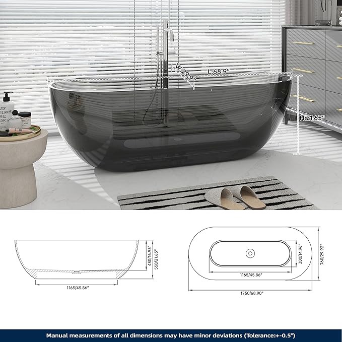 SJ STAR&JANE 69" Solid Surface Freestanding Bathtub Stone Resin Oval Soaking Tub Stand Alone Tub with Pop-up Drain Transparent Gray