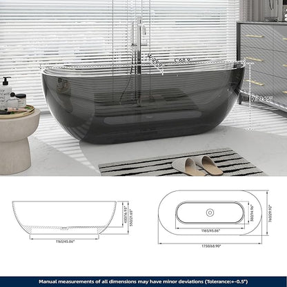 SJ STAR&JANE 69" Solid Surface Freestanding Bathtub Stone Resin Oval Soaking Tub Stand Alone Tub with Pop-up Drain Transparent Gray