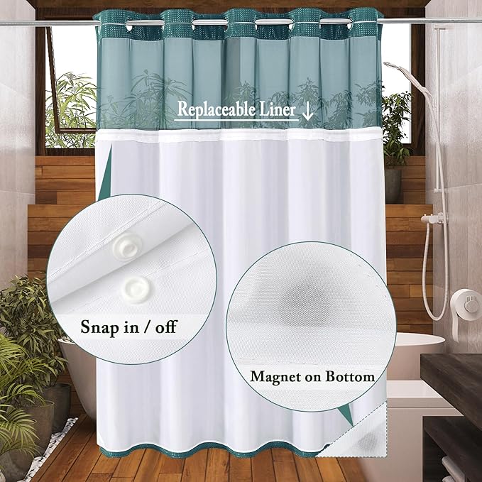 Gibelle No Hook Waffle Weave Shower Curtain with Snap-in Fabric Liner Set for Bathroom, Hotel Style with Mesh Top Window, Waterproof & Washable, Seaweed Green, 72x74