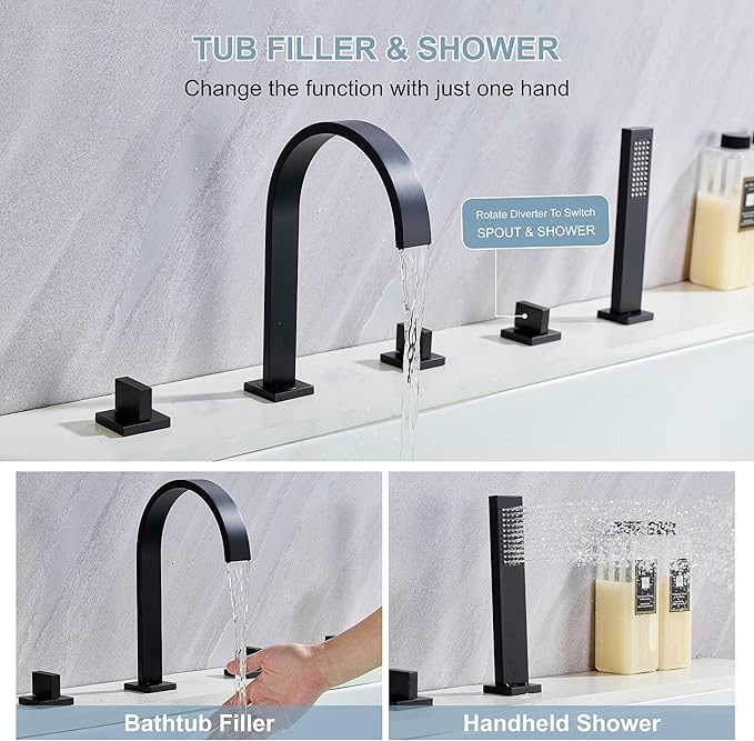 High Arc 5 Hole Roman Tub Filler with Handheld Showerhead Bathroom Widespread Waterfall Bathtub Faucet Set Deck Mounted, Matte Black