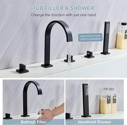 High Arc 5 Hole Roman Tub Filler with Handheld Showerhead Bathroom Widespread Waterfall Bathtub Faucet Set Deck Mounted, Matte Black