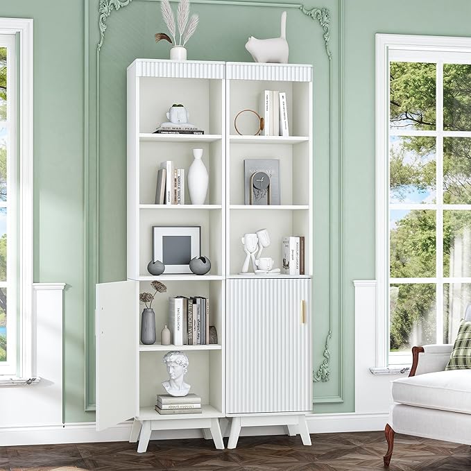 68" Tall Bathroom Storage Cabinet,Narrow Fluted Tower Cabinet with Door and Shelves,Slim Space Saving Storage Unit for Bathroom Kitchen Living Room (White, 11.8" D x 15.75" W x 68" H)