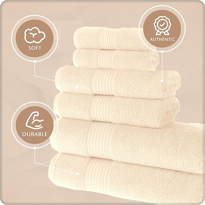 MAURA Basics Bath Towel Sets for Bathroom with Hanging Hook Loops. 2 Bath Towels, 2 Hand Towels, 2 Washcloths, Soft, Durable, Long Lasting and Absorbent Towels Set, Cream