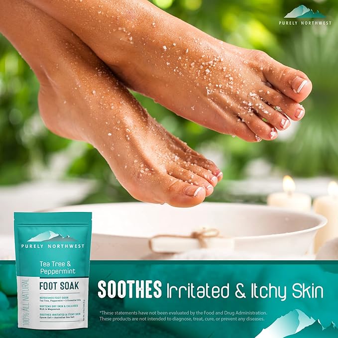 Epsom Salt Tea Tree Foot & Body Soak-Toenail Repair & Ingrown Nails, Athletes Foot Burning & Itching-Stubborn Foot Odor & Softens Callouses-Purely Northwest-USA 2 LB