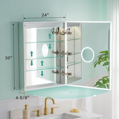 WELLFOR 24" X 30" Medicine Cabinet With Lights, 3X Magnification, Anti-Fog Mirrored Cabinet, Bathroom Vanity With Outlets & USB Ports, Right Opening Door