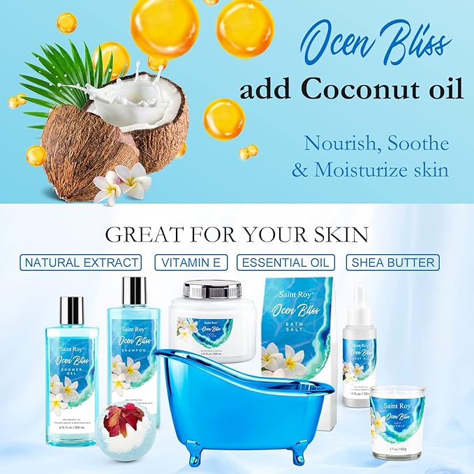 Bath & Body Gift Set, Bath Basket Spa kit Gifts for Her Him Birthday Gifts for Women, Luxury Home Spa Kit, 8pcsChristmas Gifts for Women Ocean Vanilla, Spa Gift Baskets, Unique Mother's Day Gifts